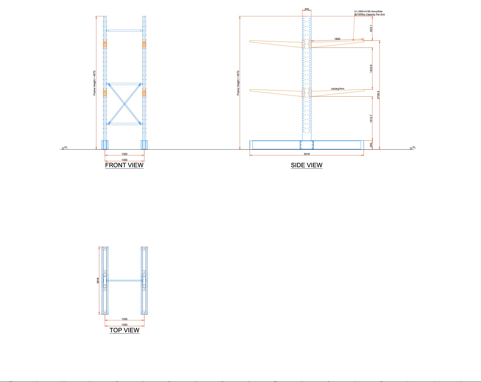 Plan technique d'un cantilever double face : vues de face, de côté et de dessus, hauteur 4572 mm, bras 1800 mm, 1000 kg par bras