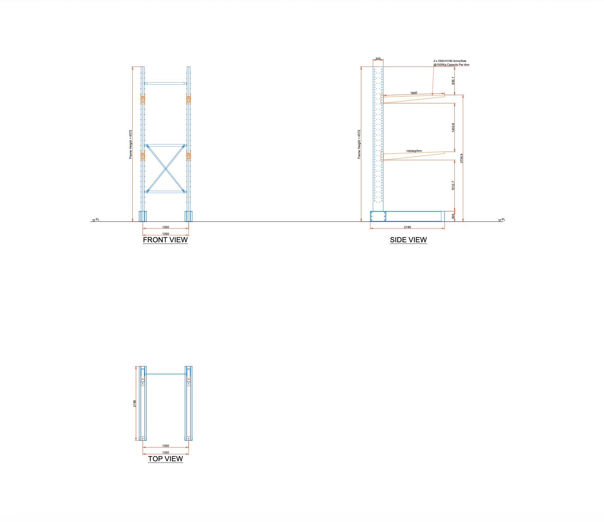 Plan technique d'un cantilever simple face : vues de face, de côté et de dessus, hauteur 4572 mm, bras 1800 mm