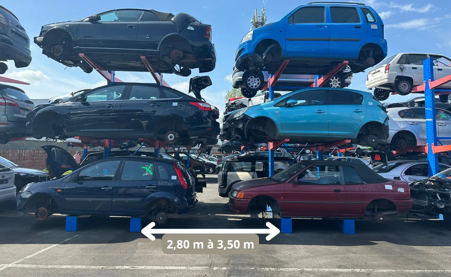 Rangée de cantilevers en casse auto avec distances